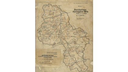 Карта с отметками боевых действий партизан в районе дислокации охранных соединений Центральной группы немецкой армии.